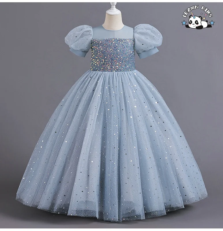 LEZONKIDS - Vestido para Menina, Vestido de Festa Infantil, Tule Longo, Malha, Lantejoulas, Princesa, Manga Bolha Fofa, Tamanho 10, Vestidos de Menina Flor para Casamento de Luxo